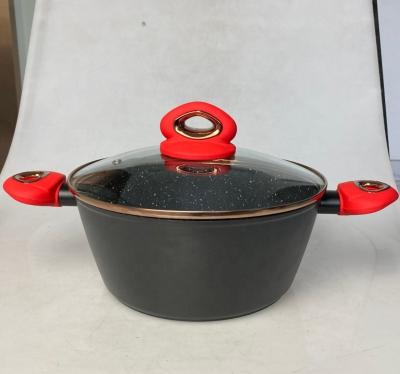 China Sustainable Rose golden gold ring glass lid forged aluminum cookware pan casserole for sale