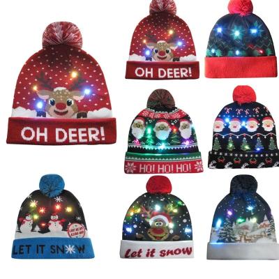 China K1076 Beach Festival Christmas Party Pompom Led Hats Kids Led Sparkle Hats Women Winter Led Christmas Knitted Beanies Hats for sale