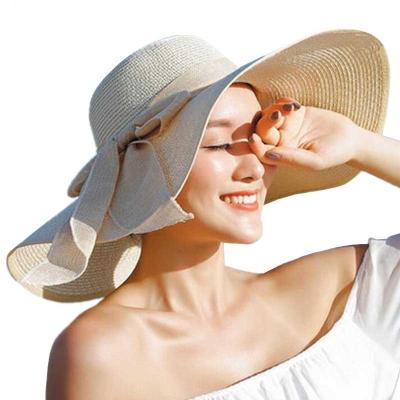 China Foldable Fashion Boho Wide Brim Straw Hat Floppy Visor Hat Beach With Bowknot Women Summer Sun Hats for sale