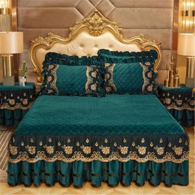 China Eco-Friendly Luxury Bedding European Style Bedspreads on Home Textiles Crystal Velvet King Queen Size Bed Lace Bedskirt Pillowcases for sale