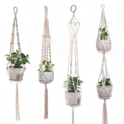 China Outdoor Multi Style Woven Hanging Flower Pots Hang Up Road Slide Plant Hanger Cotton Twine Basket Planter Pot Hemp Rope for sale