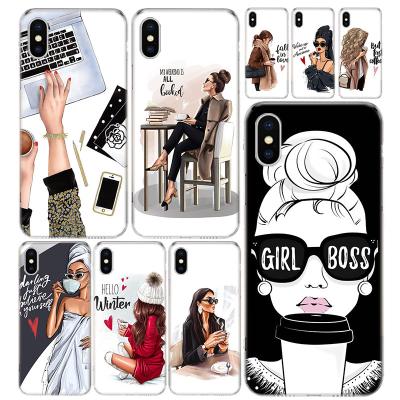 China Girl Women Coffee Phone Case Shockproof Cover For iPhone 13 11 pro plus 12 mini 7 8 6 6S XR X XS max Se 5 5S Art Customized for sale