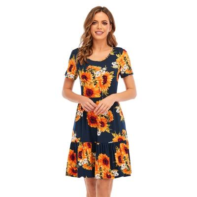 China Breathable New Sunflower Print Crew Neck Black Short Closing Knee Length Casual Dress for sale