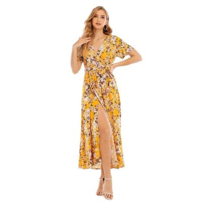 China Elegant Floral Print Breathable Comfortable Yellow Casual Knee Long Dress Women Clothing for sale