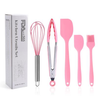 China Viable Sale 5 PCS Silicone Kitchen Utensils Hanging Rack Tool Silicone Baking Scraper Heat Resistant Modern Cooking Set for sale