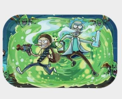 China Hot Selling Eco-friendly Ricky and Morty 18*14cm Metal Rolling Tray with Magnetic Lid, Accept Custom Design for sale