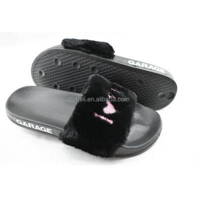 China Slippers Black Faux Fur Indoor Slippers With Embroidery Logo for sale