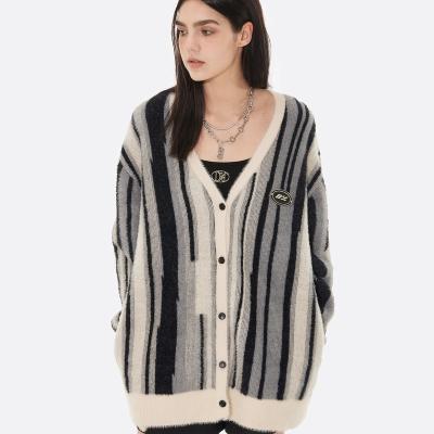 China Anti-Wrinkle Striped Black White Color-block Knitted Loose Cardigan Plus Size Sweater Coat For Girl Women for sale