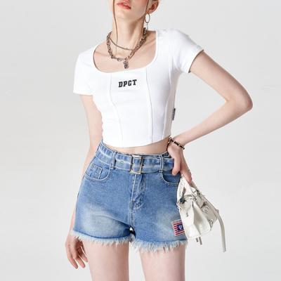 China Hot Sexy 2022 Custom Anti-wrinkle Women's Logo Shorts With Vintage Edge Waist Mini Short Jeans For Women Summer for sale