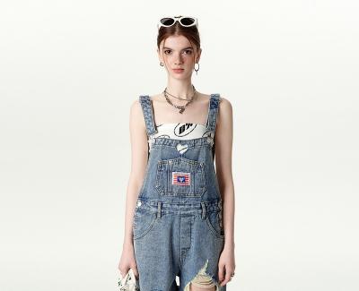 China Sustainable Womens Printed Jeans Overalls Shorts Pattern Denim Overalls Womens Shorts Jeans for sale