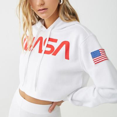 China Anti-wrinkle Girls NASA Print Hoodies 100% Cotton Drop Shoulder Embroidered America Flag Culture White Sweatshirt for sale