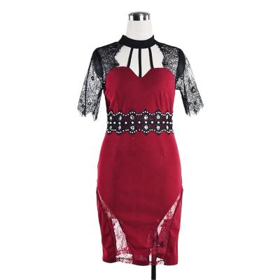 China Summer Dry Cleaning Beading Lace Up Bodycon Mini Dress Clothes Casual V-Neck Sleeve Mock Short Collar Women for sale