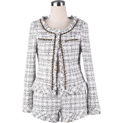 China Elegant Dry Cleaning Design Ladies Winter Woolen Coat Set Tassel Fringe Blazer Suit Skirt Tweed Fishtail Ditch Coat For Women for sale