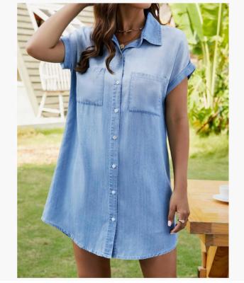 China Women's Custom Denim Anti-Pilling Shirt Dresses Jean Dress Button Down Casual Distressed Short Sleeve Tunic Top for sale