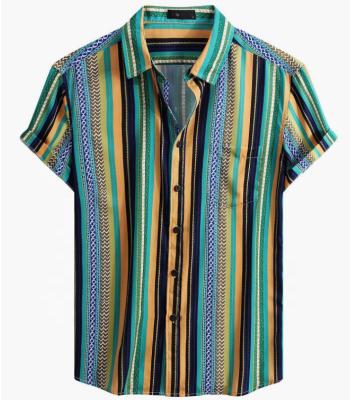 China Custom Casual Anti-Pilling Button Down Shirts Short Striped Summer Vintage Beach Vacation For Men for sale