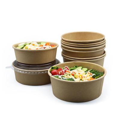 China Disposable Recycled Materials Take Away Kraft Paper Salad Bowl With PET Lid Kraft Paper Bowl for sale