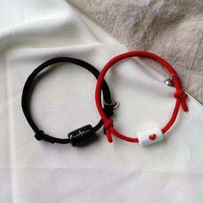 China Hiphop China Factory Heartbeat Magnetic Couples Rope Adjustable Pairs Bracelet Ceramic Heartbeat Bracelet for sale