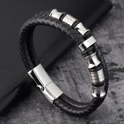 China 2022 New And Stylish Double Layer Stainless Steel Simple Leather Braided Bracelet for sale