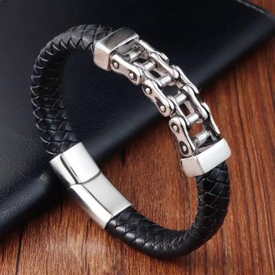 China New CLASSIC Stylish Punk Stainless Steel Chain Braided Leather Bracelet for sale