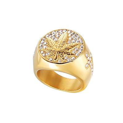 China New Hip Hop Trend Stainless Steel CLASSIC Gold Plated Diamond Leaf Ring for sale