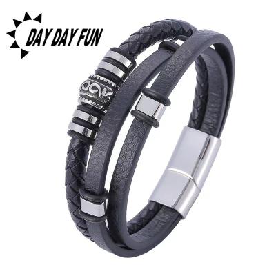 China 2022 New CLASSIC Men's Plain Stainless Steel Multilayer Leather Bracelet for sale