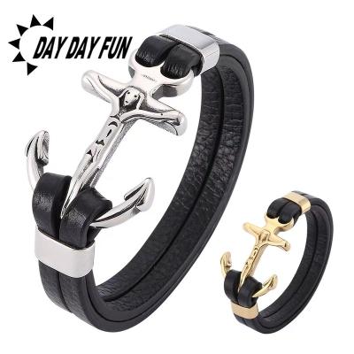 China New Vintage Personality CLASSIC Anchor Stainless Steel Woven Leather Bracelet for sale