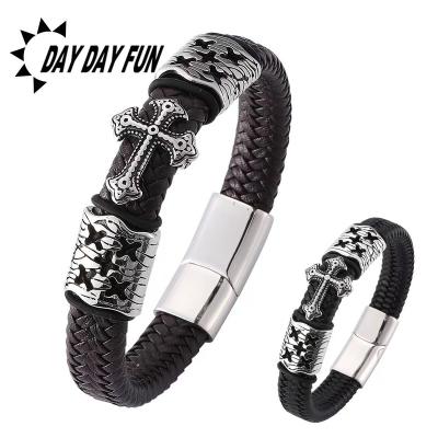 China New Fashion CLASSIC Simple Cross Stainless Steel Woven Leather Bracelet for sale