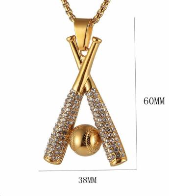 China 18k gold plated men and women 18k gold cuban link necklace of crossed baseball bat and baseball stainless steel for sale