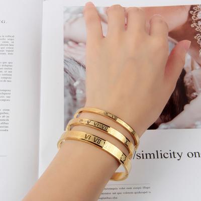 China New 4mm 6mm 8mm Wide Stainless Steel Roman Numerals Gold Color Men Bangle Lover Cuff Bracelet Woman Casual/Sporty Cutout Jewelry For Gift D09 for sale