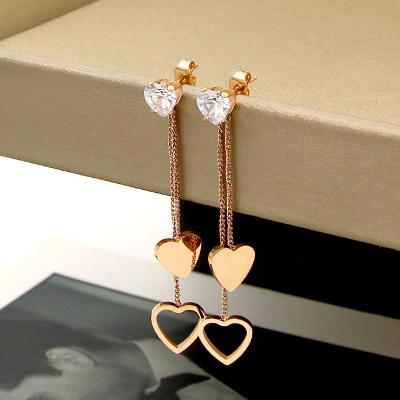 China CLASSIC crystal long double helix earrings tassel heart peach fashion titanium steel rose heart-shaped gold earrings jewelry wholesale for sale