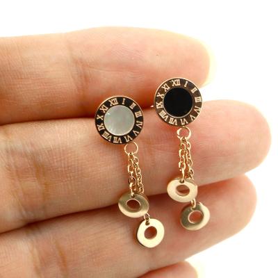 China CLASSIC steel anti-allergic roman numeral shell tassel titanium people fashion black and white hanging circle earrings double E301 for sale