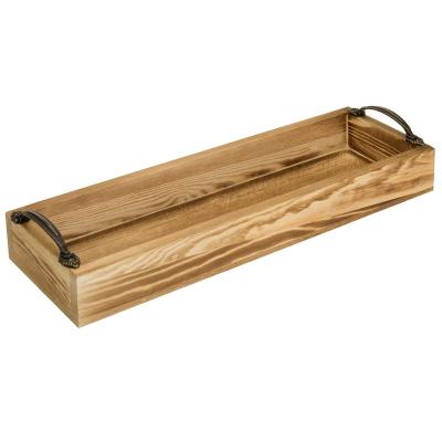 China Sustainable Wood Burnt Serving Tray With Vintage Decorative Metal Handles Rectangular Coffee Table Dining Centerpiece Sconce Tray for sale