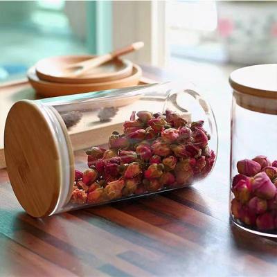 China Art Decor Glass Jar with Borosilicate Wood Clear Lid Storage Glass Jar with Bamboo Lid for sale