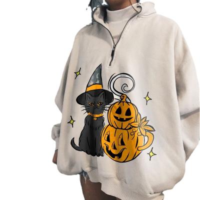 China Halloween QUICK DRY Teams Cat Cartoon Print Sweatshirt Pumpkin Lapel Jacket Adult Women Halloween Costume for sale