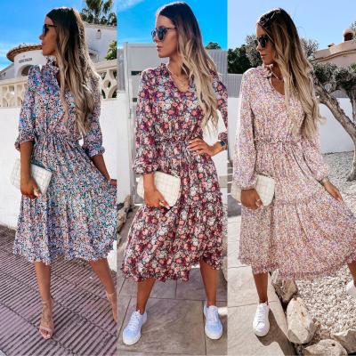 China Floral Casual Dress Mini Sexy Women Bohemian Dress 2022 Autumn Ladies Clothing Square Neck Anti-static Long Sleeve Dress for sale