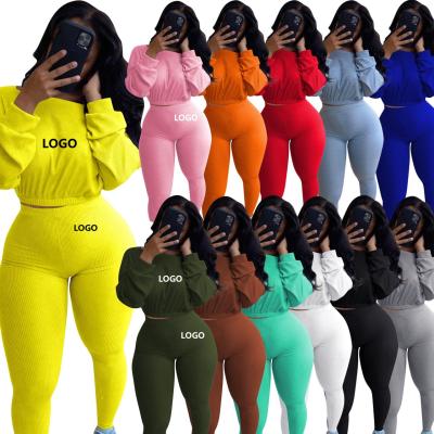 China 2021 Fall Custom QUICK DRY Dropshipping Logo Polyester Long Sleeve Crop Tops Sexy Pants Plus Size 2 Piece Sets Women Tracksuit for sale