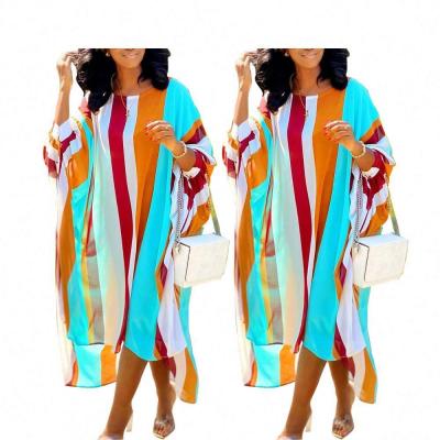 China 2022 Hot Selling Autumn Breathable Chiffon Long Rainbow Printing Slit Vacation Oversized Beach Women Dress for sale