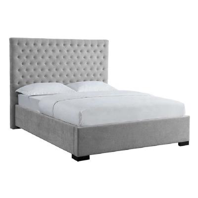 China Modern Custom Stable Gray Fabric Upholstered Headboard Button High Bed Frame for sale