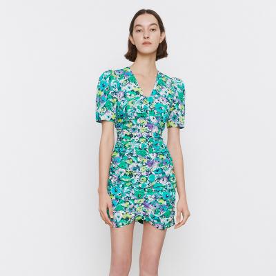 China Summer Anti-Static Casual Dress Women Short Sleeve Ruched Floral Bodycon Dress for sale