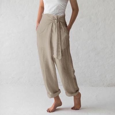 China Anti-wrinkle spring and autumn ladies cotton and solid color canvas women high waist loose casual pants for sale