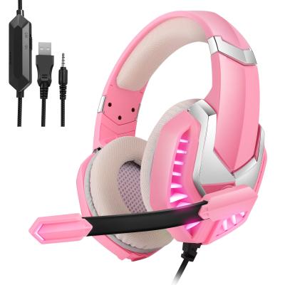 China J30 pink version LED gaming headset with stereo bass microphone, volume control gaming headset for /Xbox / Switch / PC for sale