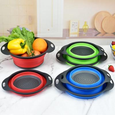 China Stocked Kitchen Colander Strainer Collapsible Vegetable Washing Silicone Drain Basket for sale