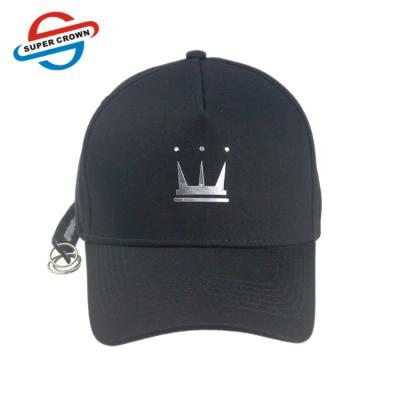 China Metal Gold Thin Logo 5 Panel Snapback Baseball Caps COMMON Black Custom Hats With Metal Ring for sale