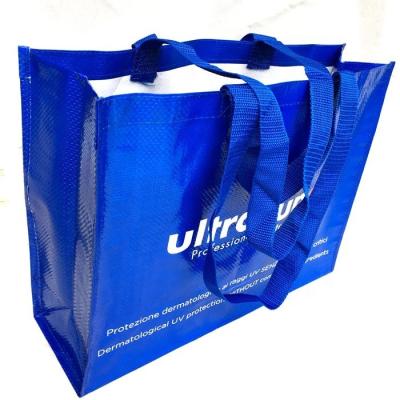 China Waterproof Custom Design Waterproof Reusable PP Woven Laminated Grocery Tote Shopping Bag for sale