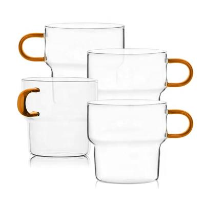 China CLASSIC 8.6 Ounce Lerna Coffee Mug Set Of 4 Stackable Glass Mugs Amber Handle for sale