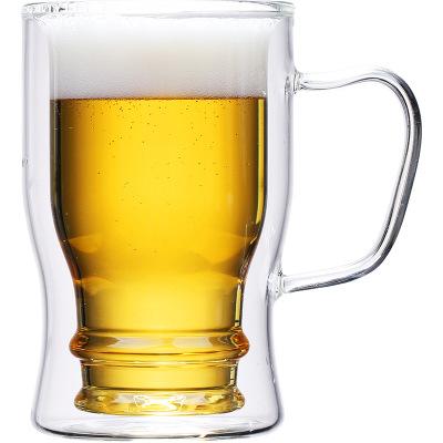 China New 350-550ml Classic/Postmodern Double-wall Beer Mug Heat-resistant Lead-free Juice Milk Glass Cup With Handle for sale