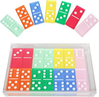 China Eco - Friendly Custom Game Wholesale Manufacturers Customized Train Double 6 Domino Games Colored Acrylic Dominoes Blocks Games Set For Kids Gift for sale