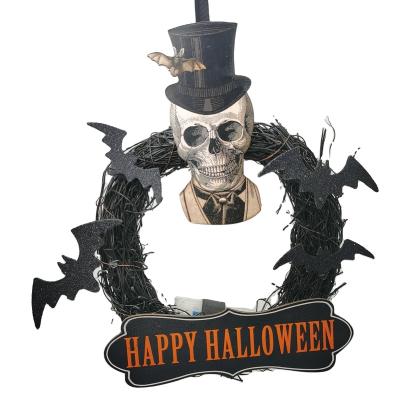 China Halloween Wreaths For Front Garland Door Decoration Halloween Witch Wall Fall Wreath LED Lighted Up Halloween Wreath for sale