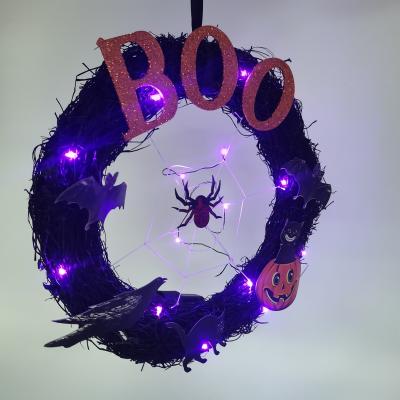 China Halloween Wreaths For Front Garland Door Decoration Halloween Witch Wall Fall Wreath LED Lighted Up Halloween Wreath for sale