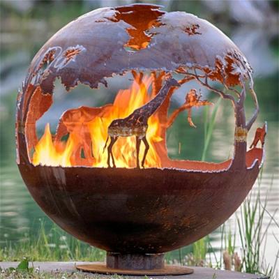 China Stocked Corten Steel Fire Sphere Handmade Corten Steel Hollow Sphere Decoration Fire Pit for sale